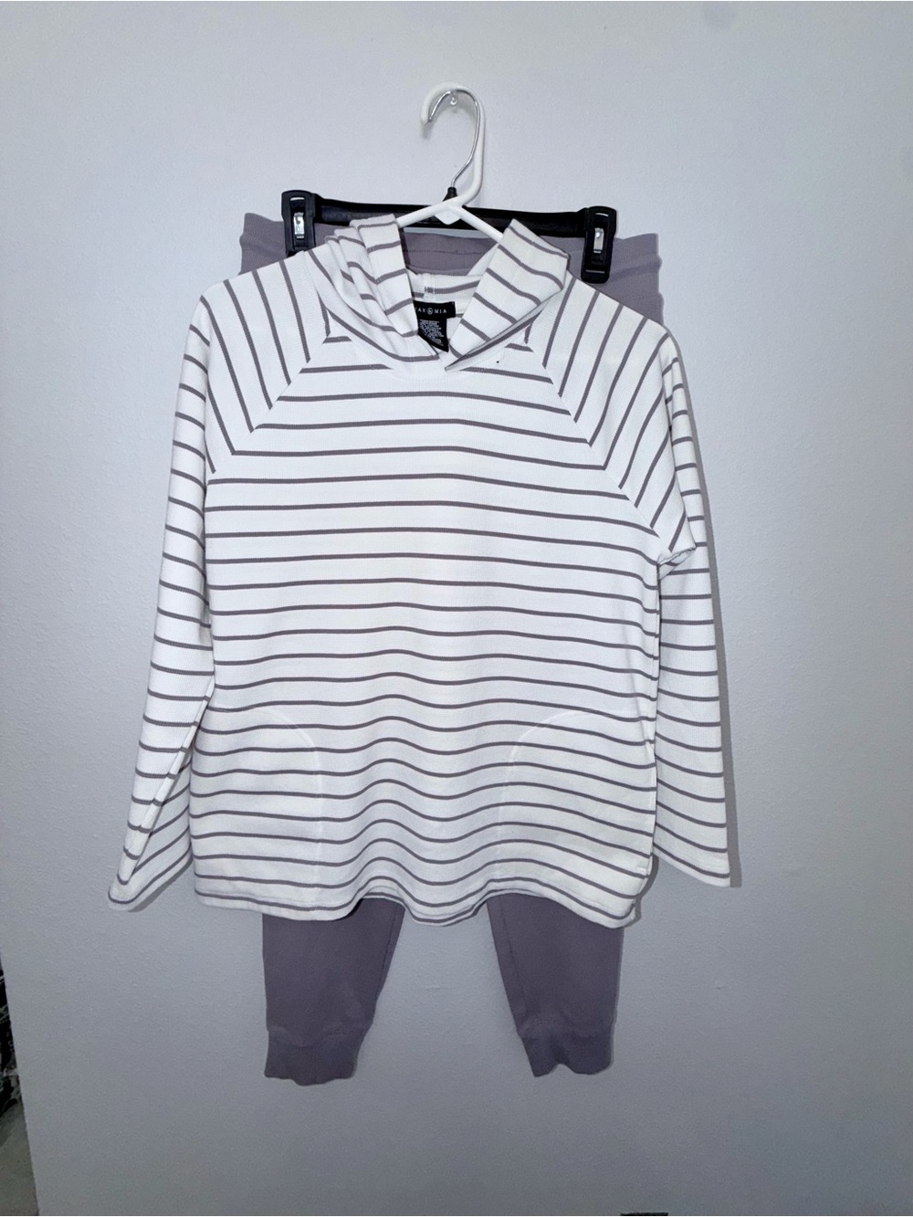 Striped Hooded Lounge Top in White and Gray by Unknown Brand